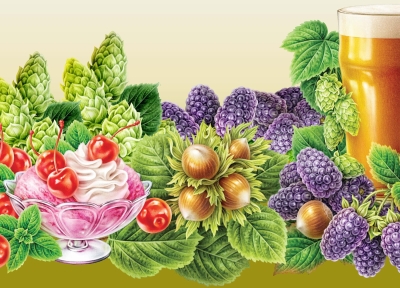 a drawing of fruit, beer and nuts.