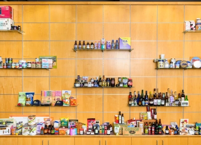 This display of products at the OSU Food Innovation Center in Portland showcases products developed with the support and collaboration of the Food Innovation Center.  Credit: Kenton Waltz Photography